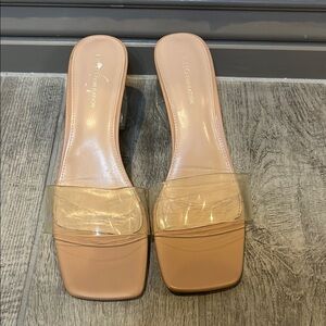 BCBGeneration Luckee Tan Mules with clear strap and heels size 10